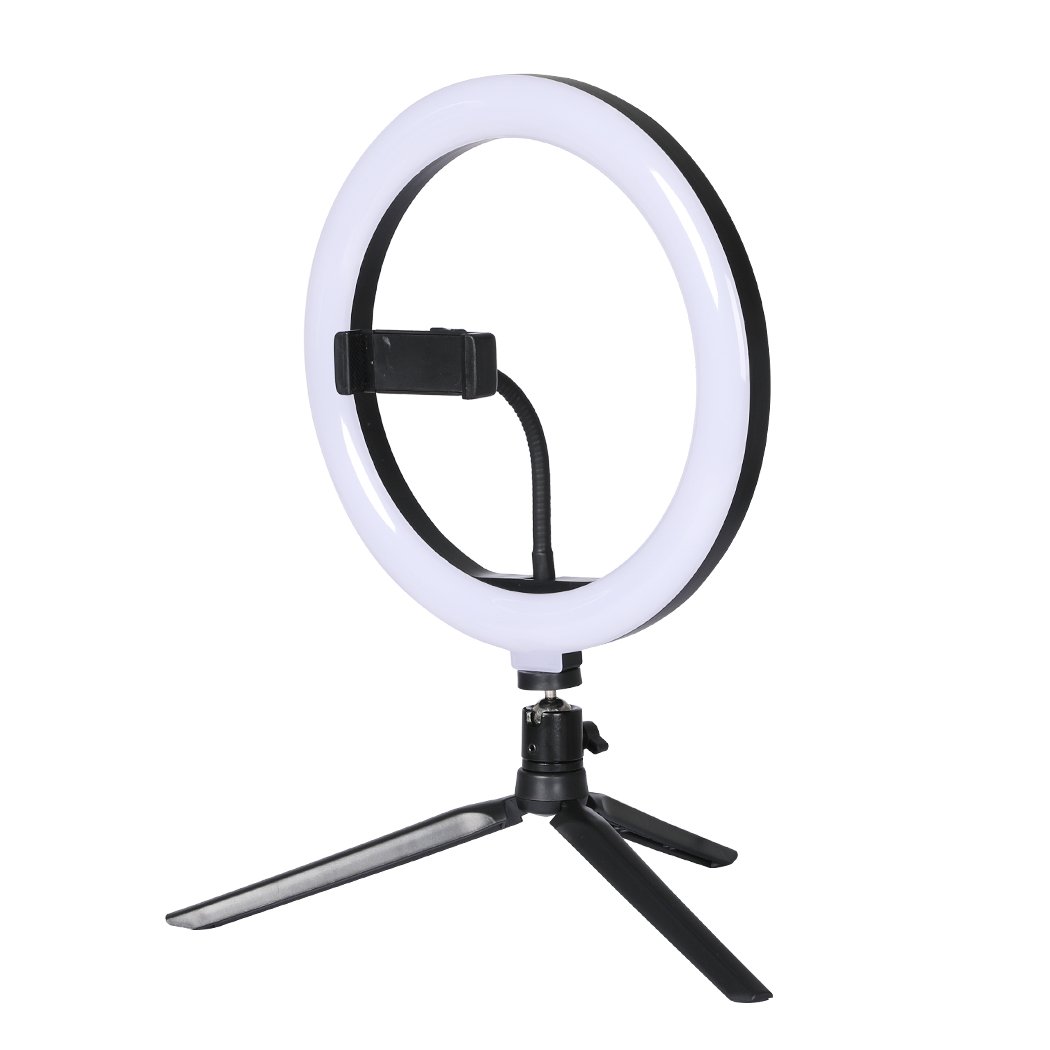LED Ring Light with Tripod Stand and Phone Holder, showcasing adjustable brightness and color temperature for photography and video.